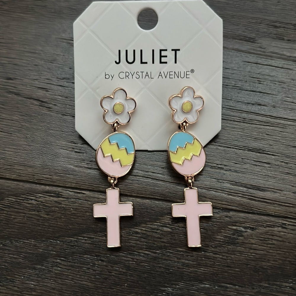 Juliet floral post drop, painted colorful Easter eggs with pink cross earrings
